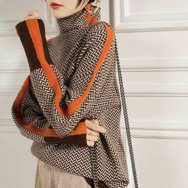 Dames Gebreide Trui Met Hoge Hals – Geometrisch Patroon Met Contrasterende Strepen