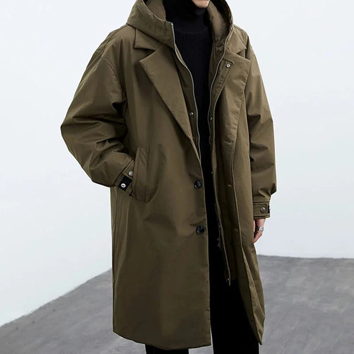 Lange Waterdichte Puffer Trenchcoat Voor Heren Met Capuchon